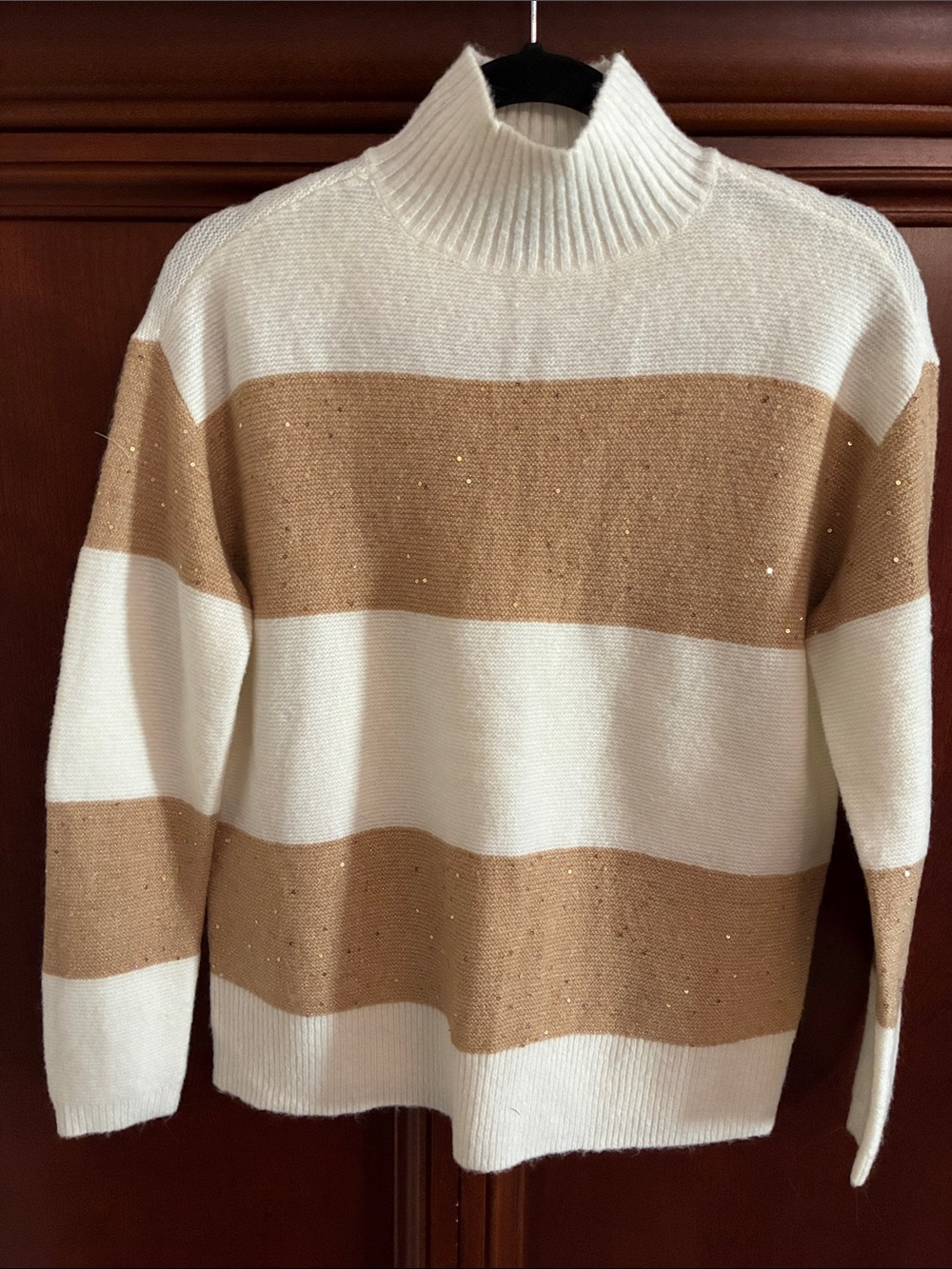 Talbots Cream & Tan Striped Turtleneck Sweater